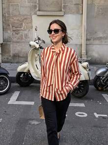 Blouse élégante à blocs de couleurs et rayures avec nœud pour femmes, mode automne pour femmes, blouse de dame de rue haute pour vacances, blouse printemps/été pour femmes rouge - Rouge - Voir 4