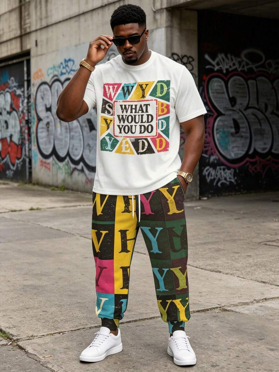 Plus Size Men's 2 Pieces Set, Men's Long Pants, Graphic T-Shirt, Streetwear Series "Colorful Retro Letter Slogan Colorblock Print" Pattern Outfit - Polyester Fabric, Drawstring, Pockets, Suitable For Plus Size Body - Multicolor - View 1