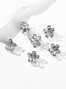 6pcs Women's Solid Color Metal Hollow Floral Hair Claw Clips, Y2K Personalized Street Style Side Hair Clips, Fashionable Campus Outfit, Suitable For Party, Prom, Daily Wear - Silver - View 6