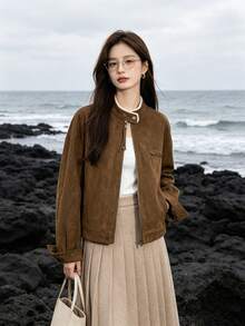 Korean Style Vintage Fleece Suede Lamb Wool Jacket Solid Color Zipper Jacket Daily Office Campus Autumn Winter - Coffee Brown - View 8