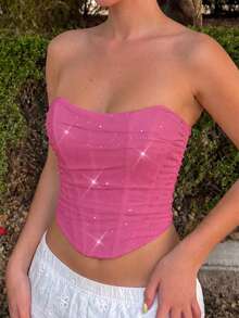 Áo bustier ôm sát ApperlothPOP màu hồng fuchsia phong cách Sweet Hot Girl, có gọng nâng đỡ, thiết kế đục lỗ, đính đá rhinestone, gấu cong, áo bandeau, trang phục hẹn hò đi concert, phối đồ dopamine hàng ngày - Màu Hồng Tươi - Xem 4