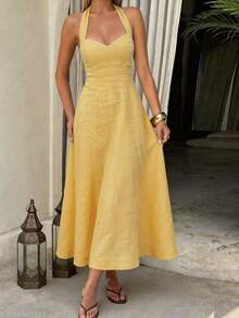 Gaun Midi Halter Kuning Wanita Musim Gugur, Gaun Linen A-Line dengan Ikatan Punggung Bentuk Hati untuk Kembali ke Sekolah, Liburan, Ulang Tahun, dan Acara Keluar Rumah - Kuning - View 1