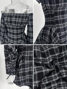 Gaun Pendek Model Y2K Lengan Panjang Berkerah Persegi Motif Kotak-kotak Terbaru untuk Musim Gugur dengan Pinggang yang Dikencangkan - Hitam - View 8