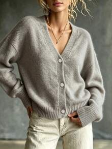 Women's V-Neck Solid Color Button Long Sleeve Soft Comfortable Minimalist Casual Versatile Knit Cardigan, Suitable For Daily Outings And Home Wear - Grey - View 2