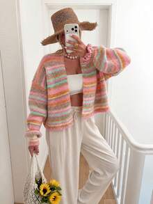 Rainbow Striped Knit Cardigan, Buttonless V-Neck Dropped Shoulder Long Sleeve Loose Soft Fuzzy Texture Women's Autumn/Winter Holiday Casual Sweater Jacket - Multicolor - View 2