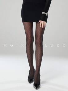 MOIRÉALLURE 1件純色適合日常穿著時尚提花緊身褲 - 黑色 - 查看 8
