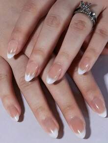 24pcs Short Almond French Gradient Nude And White False Nails Set For Women Daily Wear, Includes 1pc Nail File And 1pc Jelly Glue - Multicolor - View 1