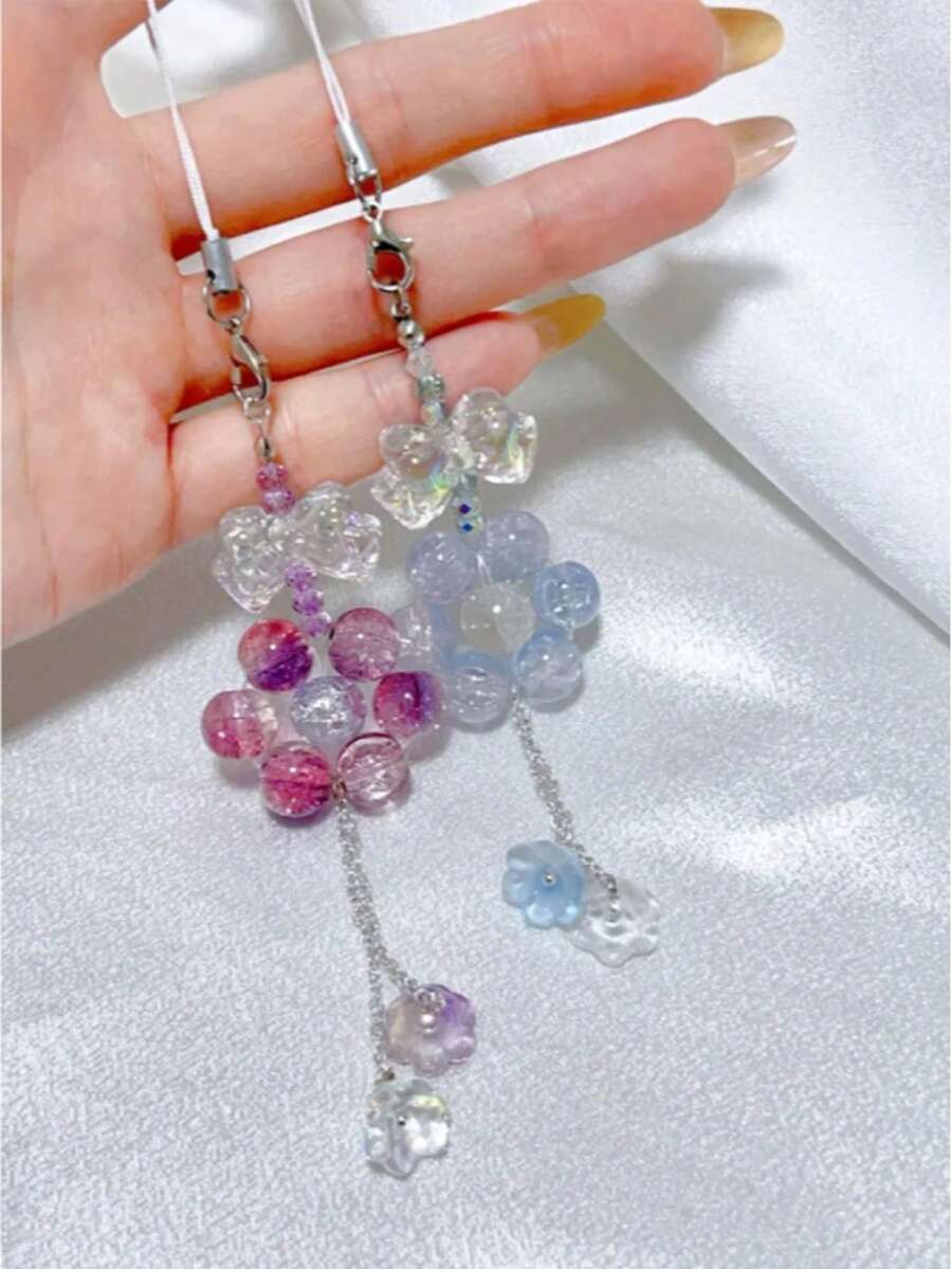 1pc Fresh Gradient Burst Crystal Phone Lanyard With Hanging Tassel And Small Flower, Gentle Girly Style, Dual-Use Bag And Key Charm