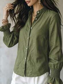 Women's Elegant Solid Color Long Sleeve Blouse, Stand Collar Button Pleated Flare Sleeve Top, Breathable Loose Fit Vacation & Commute Dual-Use Shirt - Green - View 2