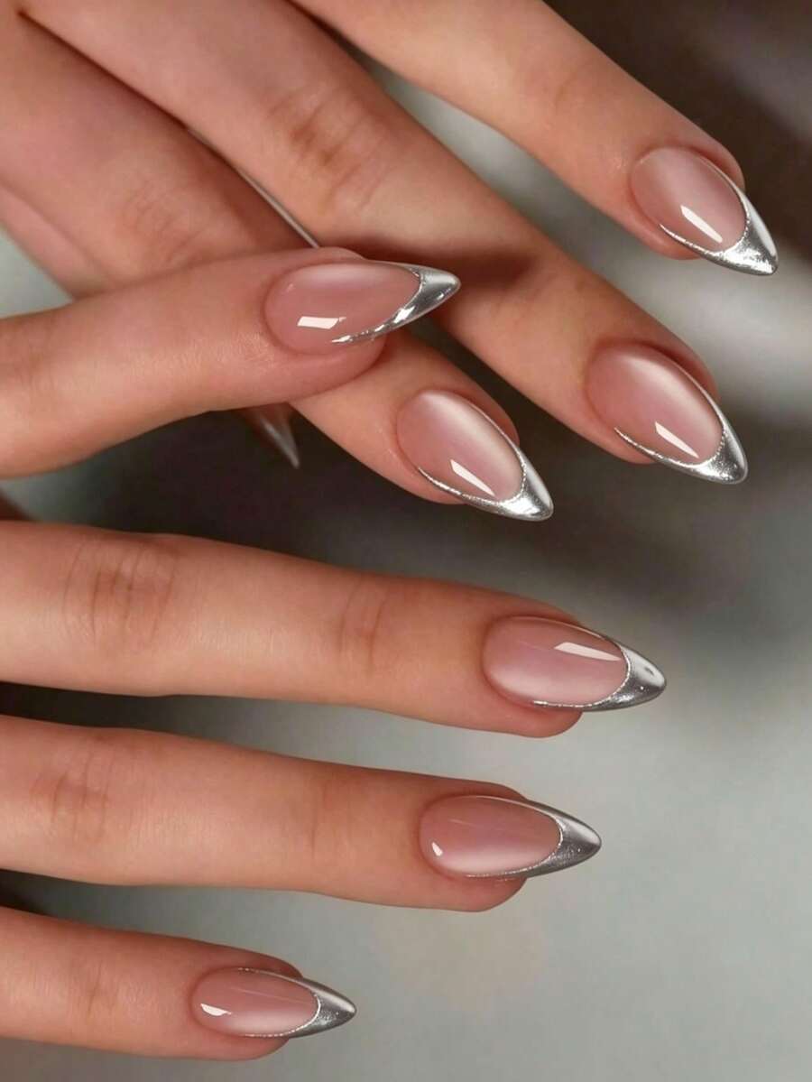 24 Pcs Long Almond 3D Gel Nails Kit, French Cat Eye Design Silver French Nail Patches, Medium Size Perfect Fit, Includes 1 Double-Sided Adhesive And 1 Nail File - Silver - View 1