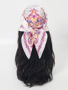1pc Paisley & Cashew Print Silk Scarf With Contrast Color Design, Multi-Use Square Scarf For Head, Neck, And Bag Decoration - Multicolor - View 12