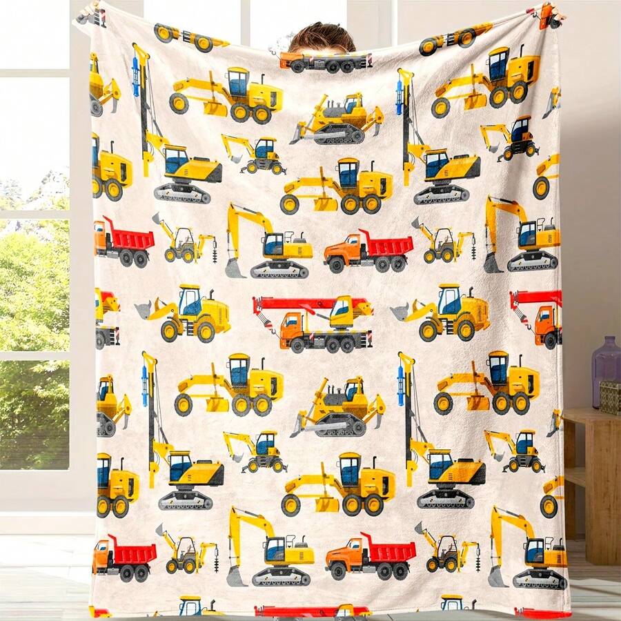 Warm & Cozy Soft Blanket - 1pc Truck & Excavator Print Flannel Nap Blanket - Sofa Bed Gift Lightweight Blanket For Home, Travel, Camping, Living Room, Office, Sofa, Chair, Bed - Multicolor - View 1