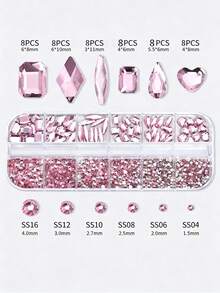 12-Grid 3D Flat-Bottom Pink Glass Nail Rhinestones, Mixed Shapes And Sizes Decorative Crystals, Multi-Purpose DIY Nail Art And Handmade Jewelry Making Rhinestones, Essential Craft Accessories For Women And Girls Nail Charms - Pink - View 5