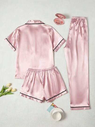 Women's Solid Color 3 Pieces Cardigan Pajama Set, Short Sleeve Button Collar Top With Shorts + Long Pants, Versatile Mix And Match. Soft, Skin-Friendly And Breathable Fabric, Loose Fit For Comfort, Suitable For Home Lounging And Casual Wear, Multiple Colors Available, Ideal For Daily Home Wear
