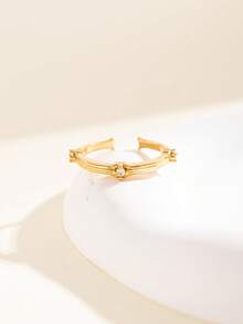1pc Quiet Luxury Copper Gold Color Adjustable Ring, Simple CZ Accent Open Band Ring For Women, Elegant Daily Jewelry Accessory - Multicolor - View 2