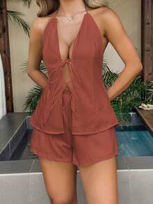 Women Fall Rust Halter 2 Piece Set,Deep V Front Tie Back Lace Up Top Shorts For Back To School Vacation Going Out - Rust Brown - View 3