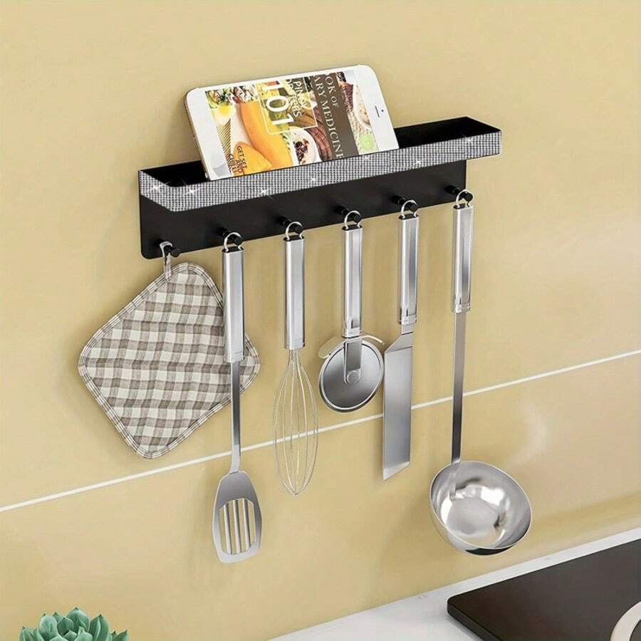 1pc Sparkling Rhinestone Wall-Mounted Key Holder - With Storage Tray, 6 Hooks, No-Drill Installation, Room Decor, Garden Decor, Kitchen Supplies, Kitchen Decor Storage - Multicolor - View 1