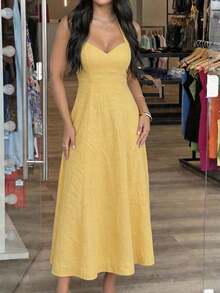 Gaun Midi Halter Kuning Wanita Musim Gugur, Gaun Linen A-Line dengan Ikatan Punggung Bentuk Hati untuk Kembali ke Sekolah, Liburan, Ulang Tahun, dan Acara Keluar Rumah - Kuning - View 10