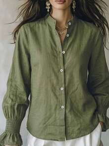 Women's Elegant Solid Color Long Sleeve Blouse, Stand Collar Button Pleated Flare Sleeve Top, Breathable Loose Fit Vacation & Commute Dual-Use Shirt - Green - View 10