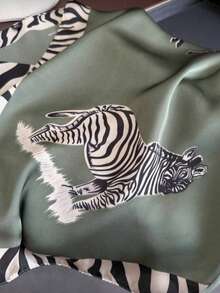 1pc Vintage Fashion Zebra Print Animal Satin Square Scarf, Women's Shawl, Suitable For Travel, Vacation, Casual, Daily Commute, Handbag Decoration - Green - View 4