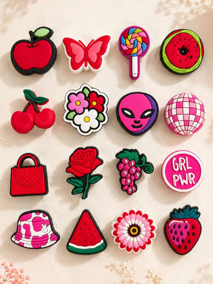 16pcs/Set Red & Pink PVC Decorative Charms, Ideal For DIY Perforated Shoes, Phone Cases And More, An Exquisite Gift For Friends.
