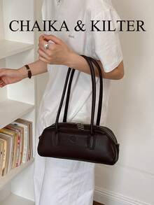 CHAIKA & KILTER 1件裝純色PU布料女款時尚波士頓保齡球肩背包，金屬孔眼裝飾，雙手把設計，拉鍊開合，適合日常與外出使用 - 咖啡 - 查看 8