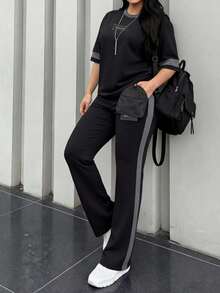 Spring/Autumn Plus Size Women's New Crew Neck Short Sleeve T-Shirt & Casual Elastic Waist Loose Long Pants 2 Pieces Set Elegant Summer - Black+Gray - View 6