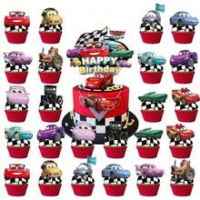DOBBLE Juego de adornos para tartas con patrón de coche de carreras de dibujos animados, estilo bandera a cuadros, adornos para cupcakes de feliz cumpleaños para fiesta temática de carreras para niños - Multicolor - Ver 6