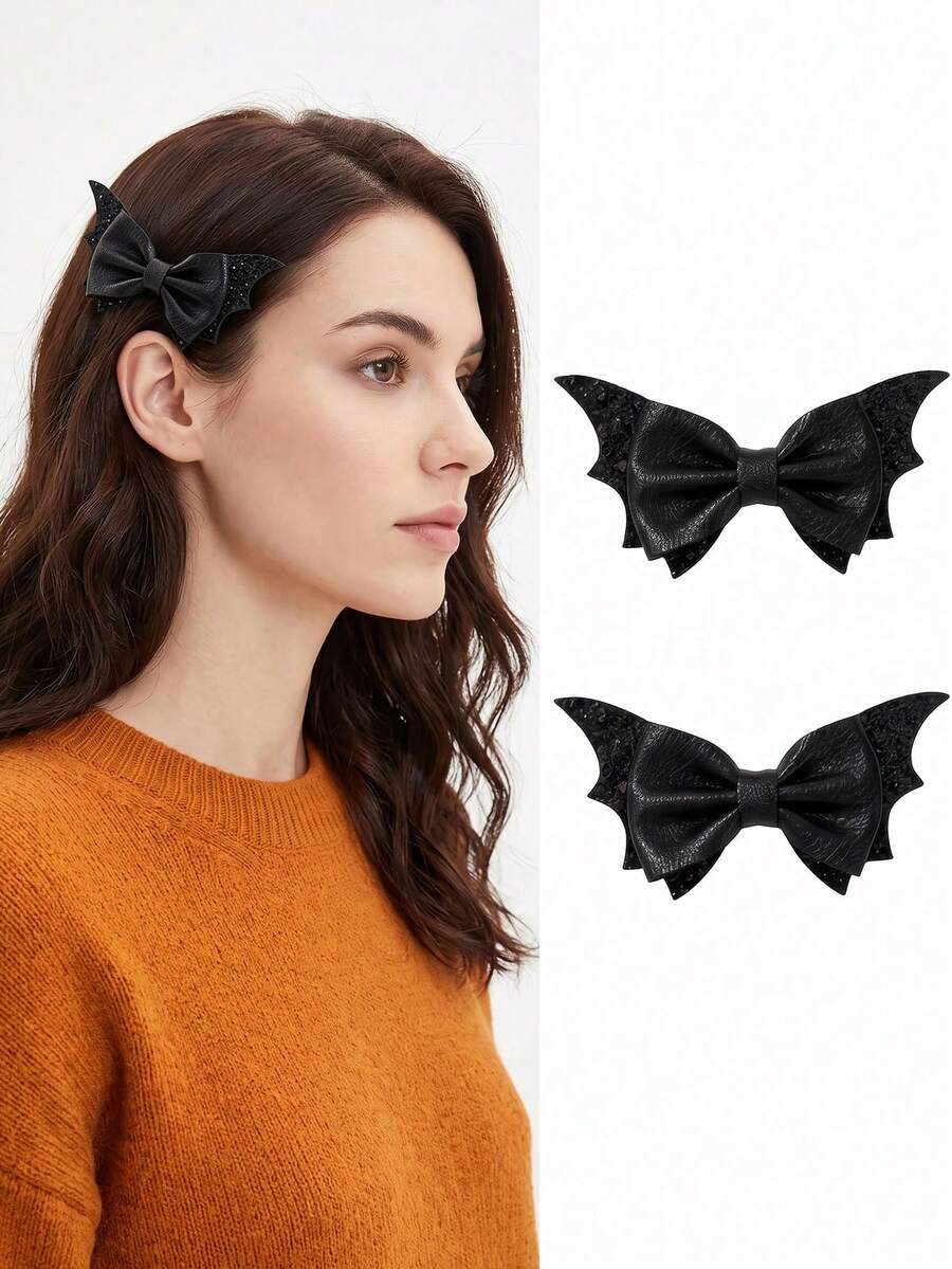 2pcs/Set Holiday Bat Bow Hair Clips, Printed Fabric Ponytail Hair Clips, Holiday Party Ball School Style Hair Accessories, Halloween Hair Accessories - Multicolor - View 1