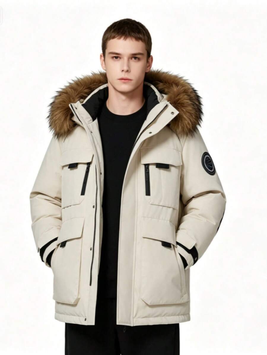 Couples Mid Length Cargo Parka, Faux Fur Hood Multi Pocket Thick Thermal Windproof Unisex Winter Outer Coat - White - View 1