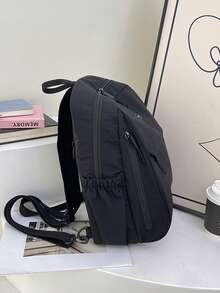 Women's Backpack Solid Color Nylon Fabric Zipper Detail Large Capacity Casual Style For School Daily Use - Black - View 7