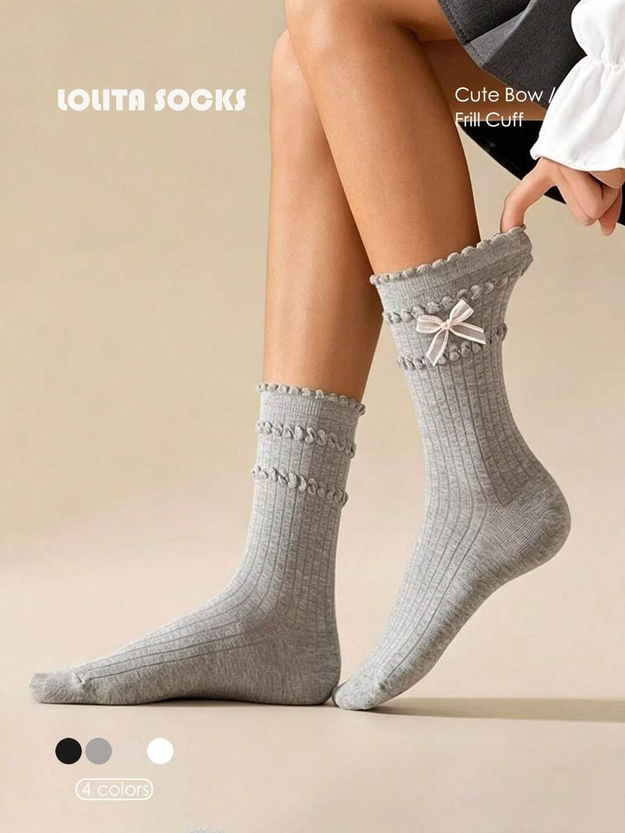 1/4 Pairs Women's Sweet Ballet Style Frill Edge Mid-Calf Socks With Cute Bow, Breathable Ruffled Ribbed Cotton Lolita JK Stackable Crew Socks,4 Season - Multicolor - View 1