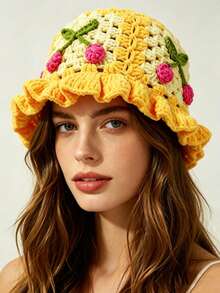 1pc Women's Cute Dopamine Style Crochet Hollow Out Bucket Hat, Fruit Pattern, Lace Design Colorblock Beach Vacation Hat - Crocheted Fisherman's Hat - View 4