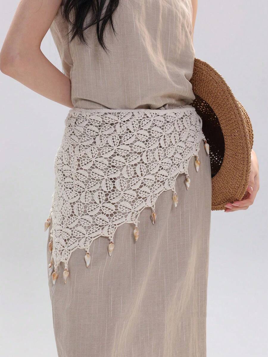 MESHUOKAI 1pc Bohemian Crochet Lace Waist Scarf With Tassels, Suitable For Matching With Skirts And Tops, Beach Scarf Or Triangle Scarf, Perfect Choice For Vacation - Beige - View 1
