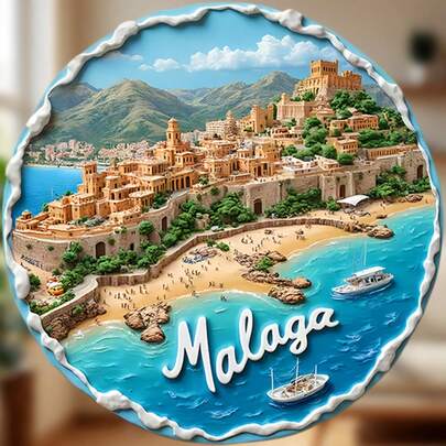 Malaga, Sunny Coast, Hillside, Old Town, Mediterranean Blue Yacht Magnet, Daily Light And Shadow Painting, A Keepsake Suitable For All Metal Surfaces In Your Home.