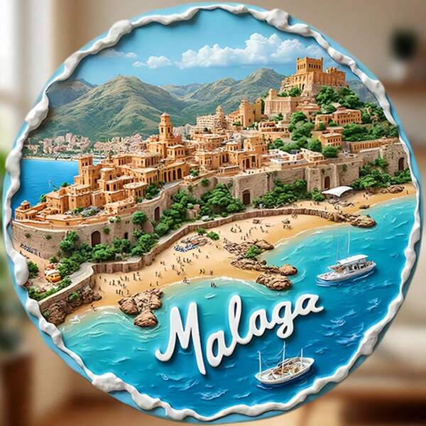 Malaga, Sunny Coast, Hillside, Old Town, Mediterranean Blue Yacht Magnet, Daily Light And Shadow Painting, A Keepsake Suitable For All Metal Surfaces In Your Home.