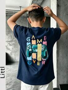 تي شيرت فضفاض للأولاد بنمط "GAME OVER" ووحدة تحكم الألعاب، توب صيفي بأسلوب الشارع للأطفال اللاعبين - أزرق بحري - مشاهدة 8