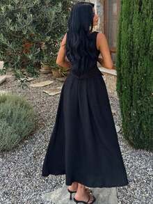 Women's Casual Black Sleeveless 2-Piece Set, Ruffle Top With Flowy Long Skirt, Elegant Non-Stretch Summer Outfit - Black - View 4