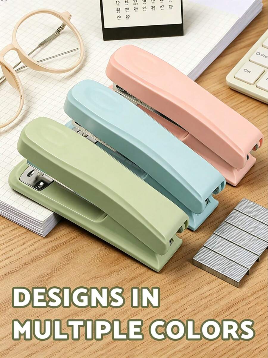 Upgraded Morandi 3-Color Optional Effortless Stapler, Blue Green Pink Solid Color Portable Model, Student Exam Paper Organizing, Office Document & Receipt Binding, Home Desktop Universal Small Stapler Stationery - Multicolor - View 1