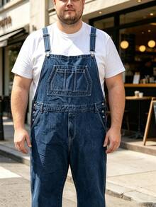 Men's Mid-Blue Washed Denim Overalls, Plus Size 1-6XL Loose Wide Leg Adjustable Shoulder Strap Jumpsuit, Comfortable Daily Outdoor Street Casual Pants - Dark Wash - View 4