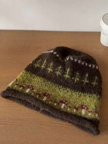 1PC Women's Fair Isle Cuffed Slouchy Beanie, Vintage Face-Slimming Cold Hat, Lazy Style Warm Head Wrap Knit Hat For Autumn & Winter - Multicolor - View 5
