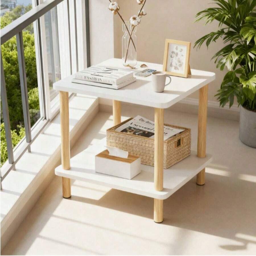 Double-Layer Square Table, White Surface, Sturdy Solid Wood Legs, Practical And Suitable For Bedside Storage Furniture - Multicolor - View 1