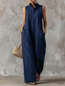 Women's Sleeveless Collared Button Front Top And Wide Leg Pants Two Piece Set Casual Linen Blend Outfit Collection - 深藍色 - 查看 7