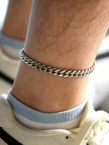 MECYLIFE 1pc Fashion Hip Hop Men's Stainless Steel Cuban Link Anklet, Personalized Men's Accessory - Silver - View 1