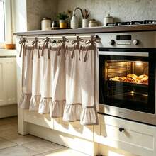 1PC New Beige Linen Gauze Designer Style Oven Curtain Window Valance Pull-Up Curtain Small Window Curtain Kitchen Multi-Purpose Translucent Decorative Curtain Rod Pocket Design Decorative Small Window Curtain Kitchen Coffee Curtain Fresh Style Finished Rod Pocket Small Window Curtain Short Curtain - Beige - View 3