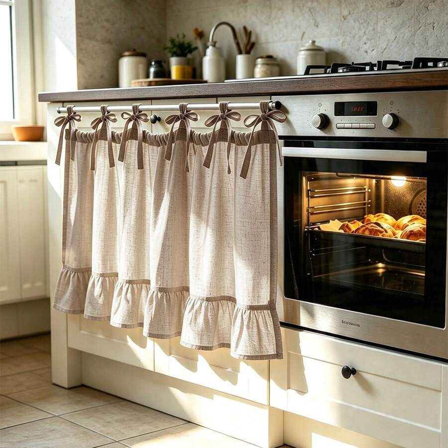 1PC New Beige Linen Gauze Designer Style Oven Curtain Window Valance Pull-Up Curtain Small Window Curtain Kitchen Multi-Purpose Translucent Decorative Curtain Rod Pocket Design Decorative Small Window Curtain Kitchen Coffee Curtain Fresh Style Finished Rod Pocket Small Window Curtain Short Curtain - Beige - View 1