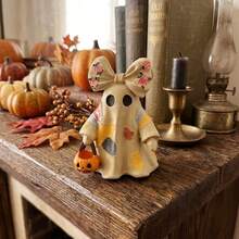Cute Halloween Ghost Figurine, 4 Inch Mini Resin Patchwork Ghost With Pumpkin Basket, Rustic Autumn Desktop Decor, Suitable For High Towers, Roof Racks And Desks, Cute Christmas Ghost Figurine - Patchwork Ghost - View 3