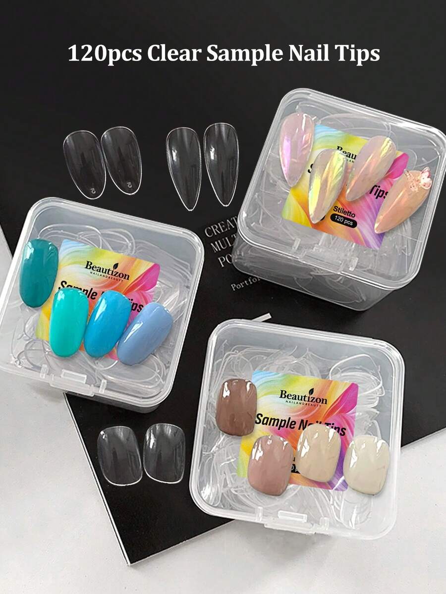 Beautizon Nailartlab 120片美甲練習展示板，日式短方型、橢圓、杏仁形透明展示練習色卡，美甲配件，美甲初學者沙龍練習用品