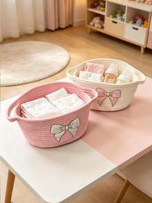 1pc White & Pink Cotton Rope Woven Basket - Cute Bow Design Baby Room Storage Organizer, Baby Supplies, Newborn Essentials, Room Decor - Multicolor - View 7