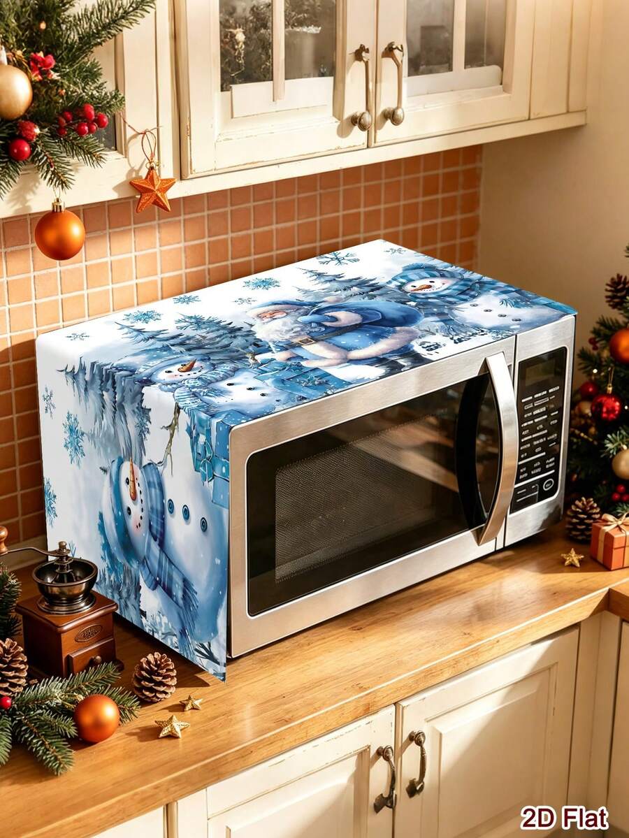 1pc Winter Blue Microwave Cover,Polyester Christmas Oven Dust Cover,Snowman Santa Print Dustproof Wrap For Holiday Kitchen Decor Xmas Decor For 2027